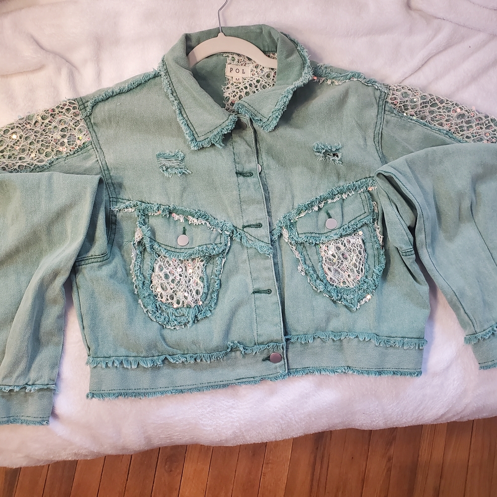 POL Green Jean Jacket with Lace Accents